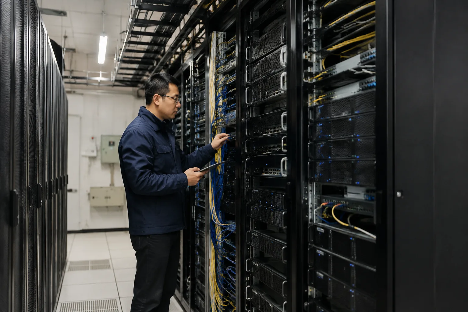 工程师检查企业 GPU 服务器与网络连接
